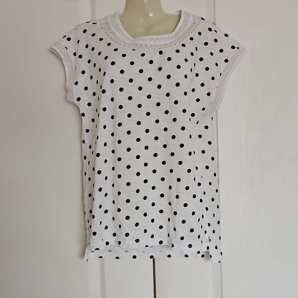 Suzy Shier Organic Cotton Lace Detail Sleeveless Polka Dot Top XS White/ Black